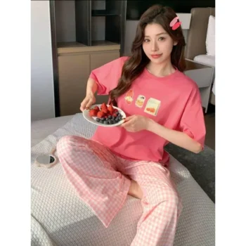 Cute Checkered Pajama Nightwear Two-Piece Set
